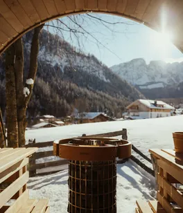 Blick aus dem Inneren der Holzsauna.